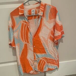 Zara Men's Vibrant Orange and Light Blue Shirt